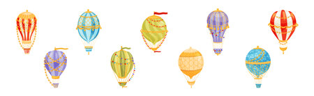 Hot Air Balloon as Light Aircraft with Gondola or Basket Vector Setのイラスト素材