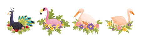 Perching Bird Sitting on Floral Twig or Branch with Blossoming Flowers Vector Setのイラスト素材