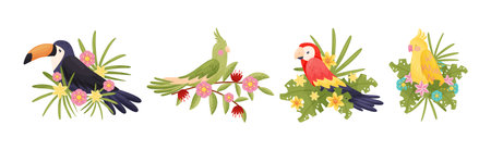 Perching Bird Sitting on Floral Twig or Branch with Blossoming Flowers Vector Setのイラスト素材