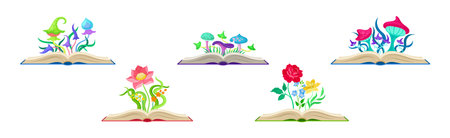 Open Book with Different Fabulous Mushrooms and Flowers Vector Setのイラスト素材