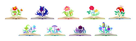 Open Book with Different Fabulous Mushrooms and Flowers Vector Setのイラスト素材