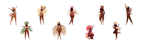 Brazilian Dark Skinned Samba Dancer in Feathered Costume Vector Setのイラスト素材
