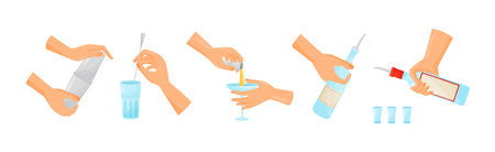 Bartender Hands Pouring and Mixing Cocktails in Glass Vector Setのイラスト素材