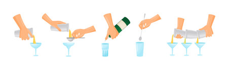 Bartender Hands Pouring and Mixing Cocktails in Glass Vector Setのイラスト素材