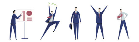 Business Man Character and Office Employee Engaged in Different Activity Vector Setのイラスト素材