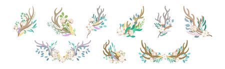 Deer Antlers Arranged with Tender Cotton Flowers and Green Twigs Vector Setのイラスト素材