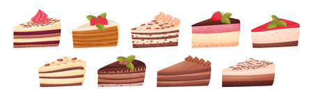 Cake Pieces with Creamy Layer as Yummy Dessert Vector Setのイラスト素材