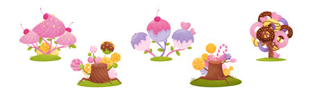 Sweet Candy Trees as Fantasy Nature with Lolly and Sugary Confection Vector Setのイラスト素材