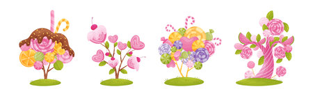 Sweet Candy Trees as Fantasy Nature with Lolly and Sugary Confection Vector Setのイラスト素材