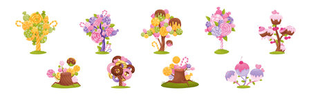 Sweet Candy Trees as Fantasy Nature with Lolly and Sugary Confection Vector Setのイラスト素材