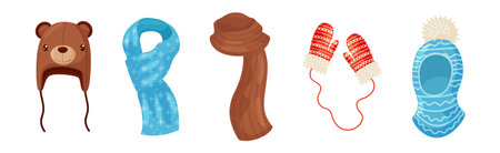 Warm Knitted Winter Clothes Accessory with Scarf, Hat and Mittens Vector Setのイラスト素材
