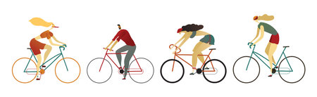 Man and Woman Riding Bicycle Enjoying Vacation or Weekend Activity Vector Setのイラスト素材