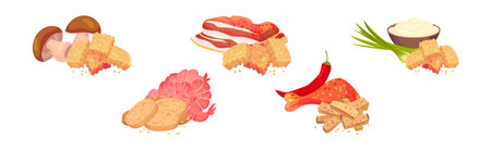 Flavored Crouton as Pieces of Seasoned Rebaked Bread Vector Setのイラスト素材