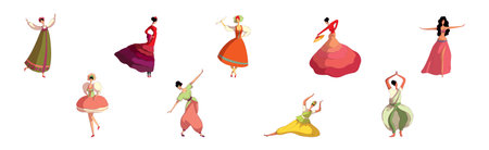Young Woman Performing Different Folk Dances Moving Gracefully Vector Setのイラスト素材