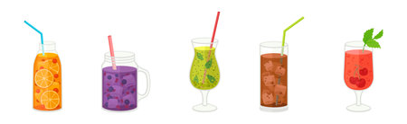 Fresh Refreshing Summer Cocktails with Ice Cubes and Fruits and Berries in Glass with Straw Vector Setのイラスト素材