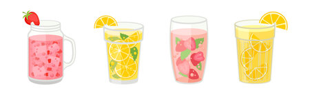 Fresh Refreshing Summer Cocktails with Ice Cubes and Fruits and Berries in Glass and Jar Vector Setのイラスト素材