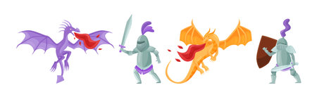 Brave Medieval Knight in Armored Suit Holding Sword Fighting with Fire Breathing Dragon Vector Setのイラスト素材