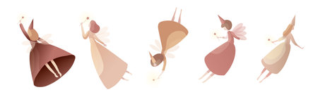 Tender Fairies in Neat Dresses Fluttering with Magic Wand Vector Setのイラスト素材