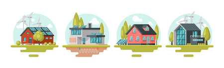 Solar Battery and Wind Turbine Providing Residential House with Electricity Vector Setのイラスト素材