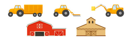 Farm Object with Machinery for Harvest and Barn House Vector Setのイラスト素材