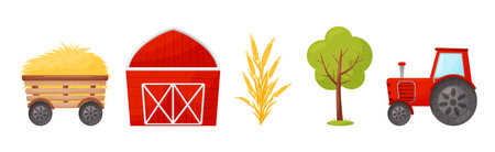 Farm Object with Hay Wagon, Barn, Tree and Tractor Vector Setのイラスト素材