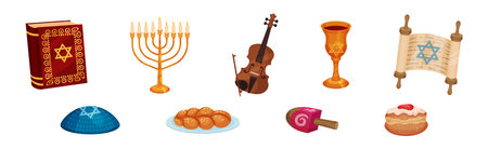 Menorah, Torah, Goblet, Scroll, Pastry and Dreidel as Hanukkah Symbols for Jewish Holiday Celebration Vector Setのイラスト素材