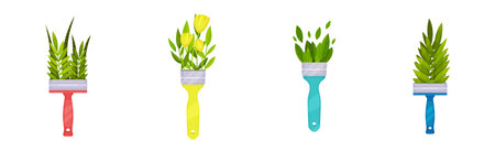 Paint Brush with Blooming Foliage and Flora Vector Setのイラスト素材