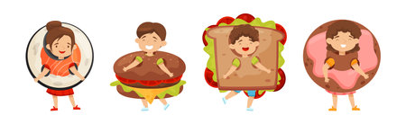 Cheerful Kids Wearing Fast Food Costumes Vector Setのイラスト素材