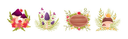 Forest Decor with Mushrooms and Foliage with Wooden Board Vector Setのイラスト素材