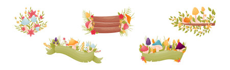 Forest Decor with Mushrooms and Foliage with Wooden Board and Ribbon Vector Setのイラスト素材