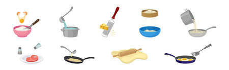 Cooking and Food Preparation Process with Kitchen Utensils and Ingredient Vector Setのイラスト素材