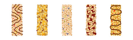 Various Granola Bars with Oatmeal, Nuts and Puffed Rice Vector Setのイラスト素材