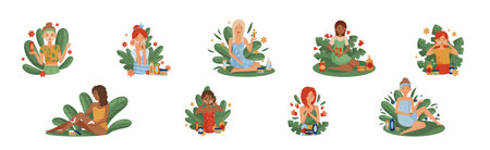 Female Using and Testing Natural Organic Cosmetic Products with Green Foliage Behind Vector Illustration Setのイラスト素材