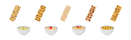 Bowls of Breakfast Cereal with Berries and Granola Bars Vector Setのイラスト素材