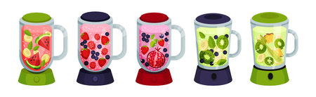 Smoothie in Blender with Different Ingredients Mixing Together Vector Setのイラスト素材