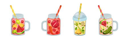 Smoothie in Jar with Different Ingredients Mixing Together Vector Setのイラスト素材