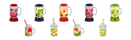 Smoothie in Blender and Jar with Different Ingredients Mixing Together Vector Setのイラスト素材