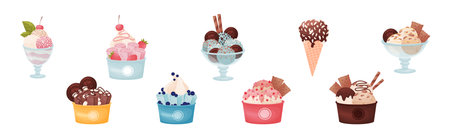 Tasty Ice Cream in Waffle Cone and Cup as Sweetened Frozen Food Vector Setのイラスト素材
