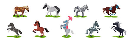 Horse with Crest and Tail on Green Field Vector Setのイラスト素材