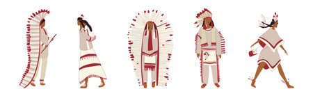 Red Indians Wearing National Clothing and Headdress with Feathers Vector Setのイラスト素材