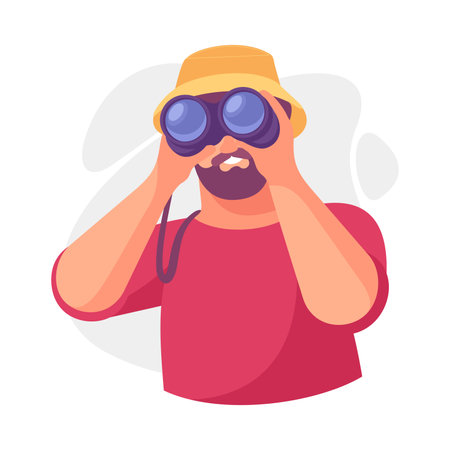 Bearded Man Character with Binoculars Looking Into the Distance Vector Illustrationのイラスト素材