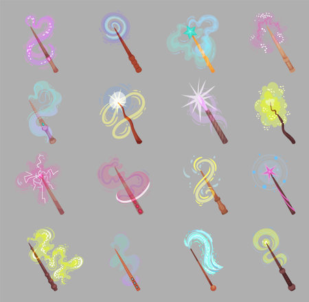 Magic Wands with Fairy Dust and Glow Swirling Around Big Vector Setのイラスト素材