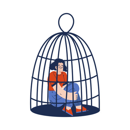 Woman Locked in Cage Sitting Behind Bars Vector Illustrationのイラスト素材