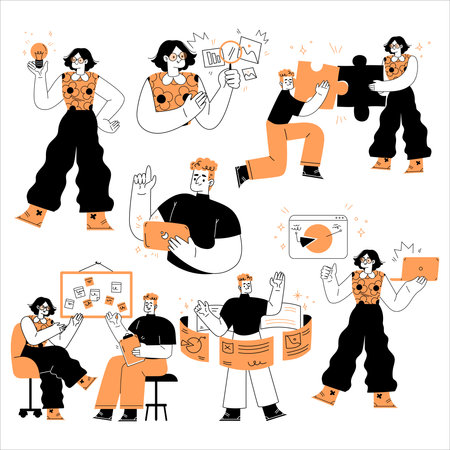 Marketing with Man and Woman Character Doing Creative Project Vector Setのイラスト素材