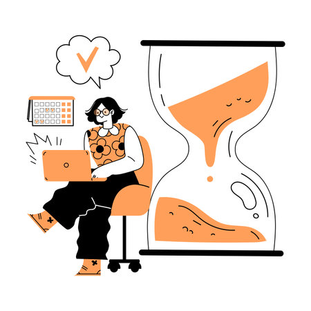 Marketing with Woman Character at Laptop with Hourglass Vector Illustrationのイラスト素材