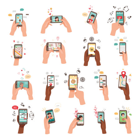 Hand Holding Phone Text Messaging, Watching Video, Purchasing Using Internet Big Vector Setのイラスト素材