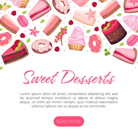 Illustration for Sweet Raspberry Dessert Banner Design with Creamy Cake and Donut Vector Template - Royalty Free Image