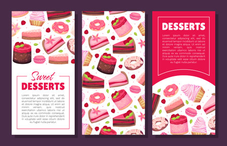 Sweet Raspberry Dessert Banner Design with Creamy Cake and Donut Vector Templateのイラスト素材