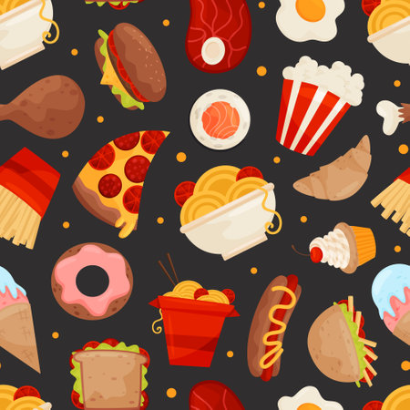 Fast Food Seamless Pattern Design with Hamburger, Popcorn, Sweet and Hot Dog Vector Templateのイラスト素材