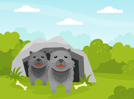 Wolf Cubs at Burrow or Cave in the Forest Vector Illustrationのイラスト素材